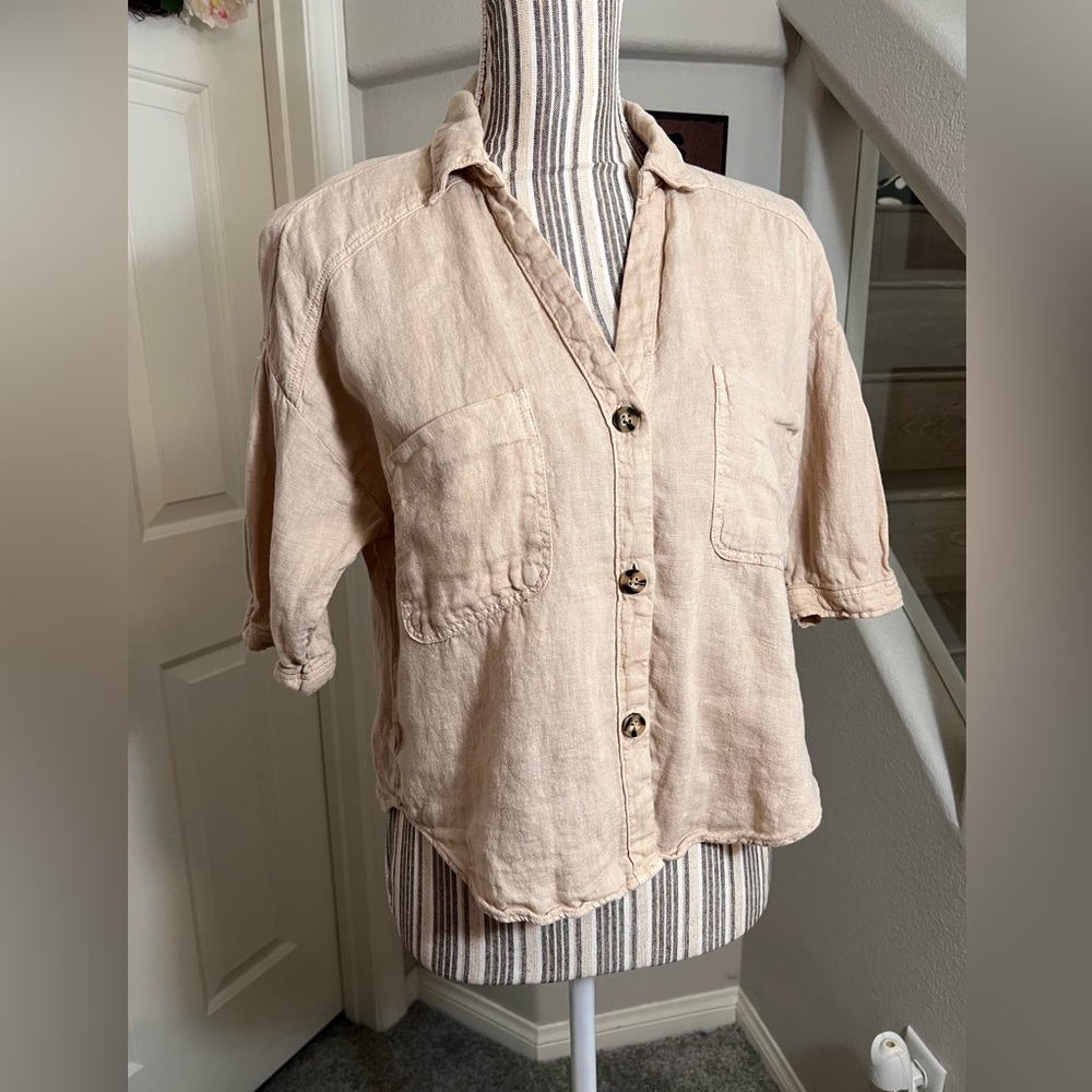 Zara cream 100% Linen semi cropped high low-low button down blouse oversized S - Picture 8 of 12